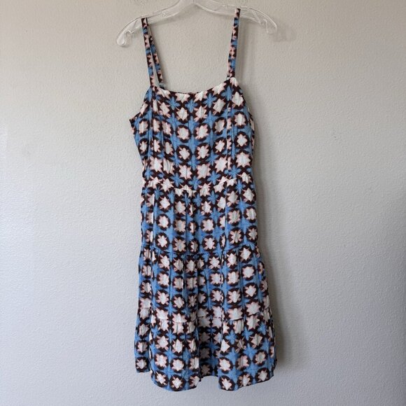 NEW Loft Tiered Smocked Dress Teal Brown Geo Print Size 8 Spring - Picture 1 of 8